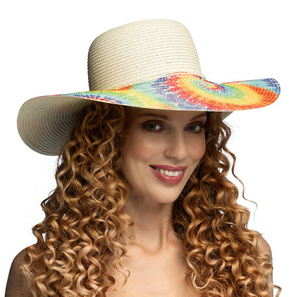 Chapeau de soleil blanc avec frange Tie-Dye arc-en-ciel