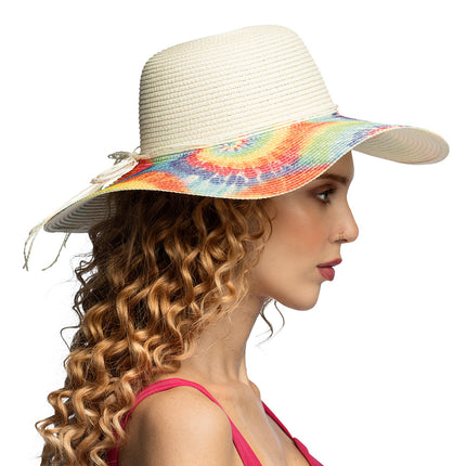 Chapeau de soleil blanc avec frange Tie-Dye arc-en-ciel