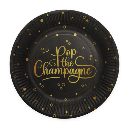 8 Assiettes en carton - 23 cm - Pop the Champagne - noir