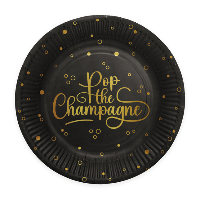 8 Assiettes en carton - 23 cm - Pop the Champagne - noir