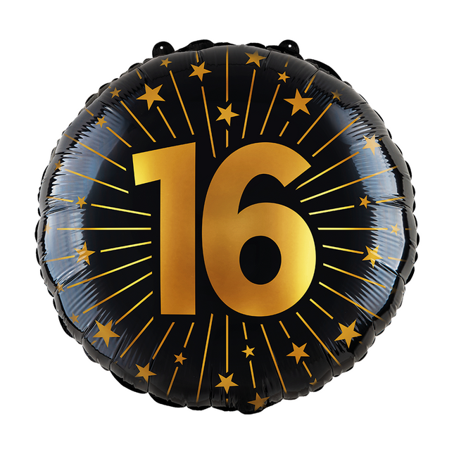 16 ans Ballon à l'hélium Noir Or Vide 45cm