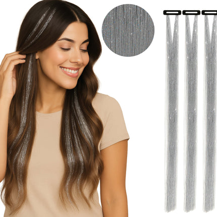Extension de cheveux argentée pailletée 50cm 3pcs