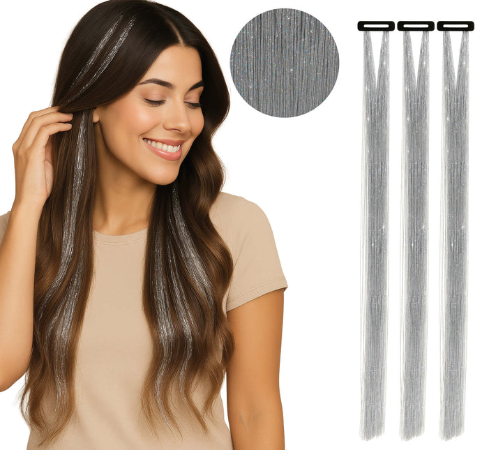 Extension de cheveux argentée pailletée 50cm 3pcs