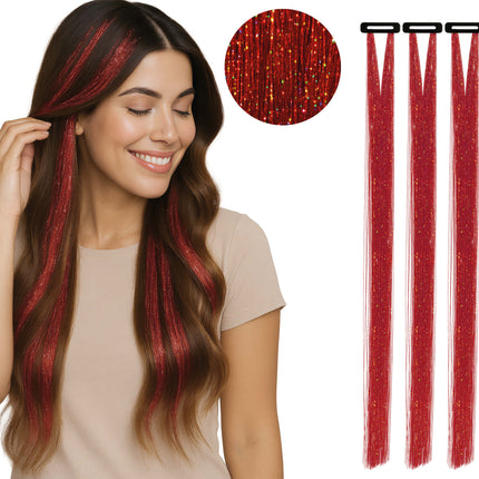 Extension de cheveux rouges pailletés 50cm 3pcs