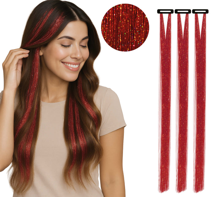Extension de cheveux rouges pailletés 50cm 3pcs