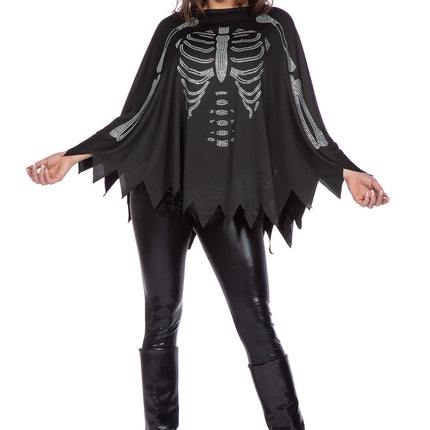 Poncho Squelette Noir Argent Strass