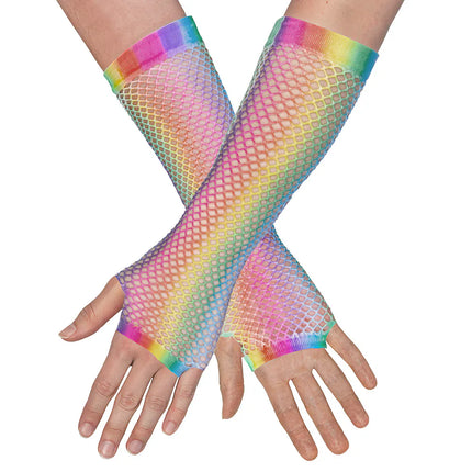 Paire de gants jusqu'aux coudes, en maille, arc-en-ciel