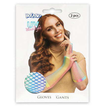 Paire de gants jusqu'aux coudes, en maille, arc-en-ciel