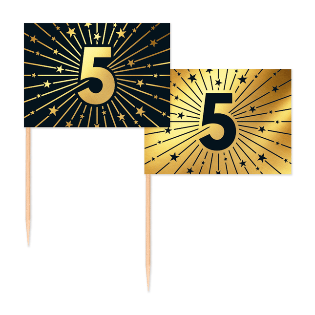 5 Jaar Cocktailprikkers Goud Zwart 50st van WeFiesta koop je bij Partywinkel