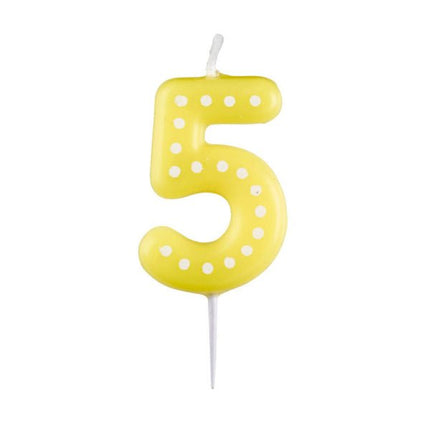 5 Kaars Geel Stippen 6,5cm van Riethmueller koop je bij Partywinkel