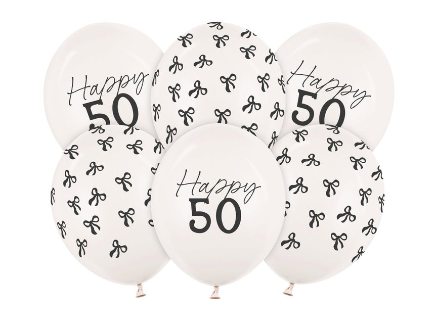 50 Jaar Ballonnen Zwart Wit Strik 30cm 6st van Partydeco koop je bij Partywinkel