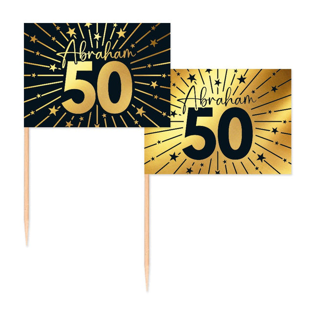 50 Jaar Cocktailprikkers Goud Zwart Abraham 50st van WeFiesta koop je bij Partywinkel