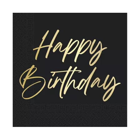 Serviettes de table Happy Birthday Or Noir 2 couches 33cm 20pcs