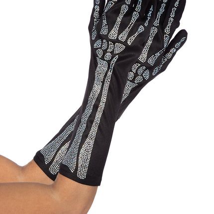 Gants Squelette Noir Argent Strass