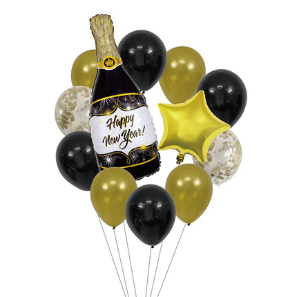 Lot de ballons « Happy New Year » (2 ballons en aluminium, 10 ballons en latex, une paille et un ruban de 10 m)