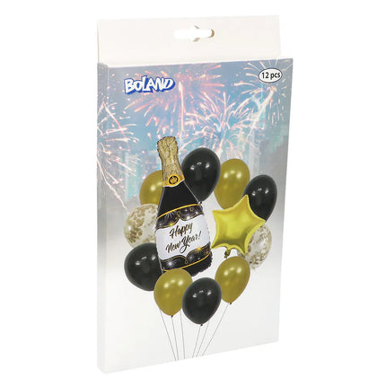 Lot de ballons « Happy New Year » (2 ballons en aluminium, 10 ballons en latex, une paille et un ruban de 10 m)