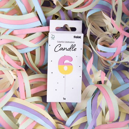 6 Jaar Kaars Roze Geel 9cm van Folat koop je bij Partywinkel