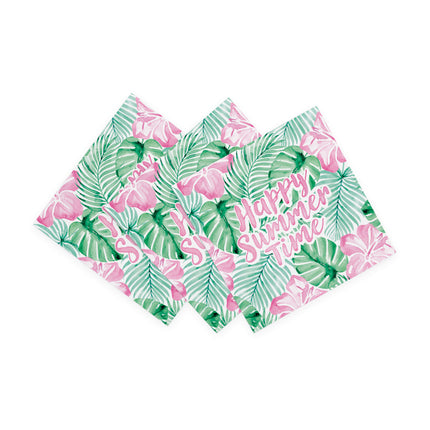 Serviettes vert et rose « Happy Summer Time », 33 cm, lot de 20