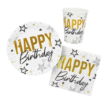 Set de table « Happy birthday » (6 assiettes, 6 gobelets, 12 serviettes)