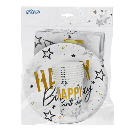 Set de table « Happy birthday » (6 assiettes, 6 gobelets, 12 serviettes)