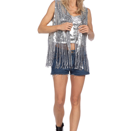 Gilet de festival avec de longues franges argentées (V)