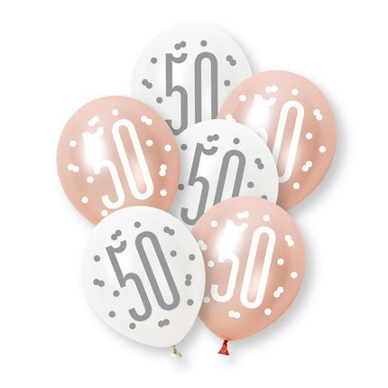 6ct Glitz Rose Gold Number 50 Assorted Platinum & Pearl Premium 30cm Latex Balloons van Unique koop je bij Partywinkel