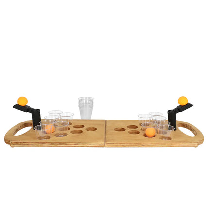 Kit de jeu à boire Shot Pong (plateau de jeu pliable en bois, 2 lanceurs, 4 balles, 12 verres à shot)