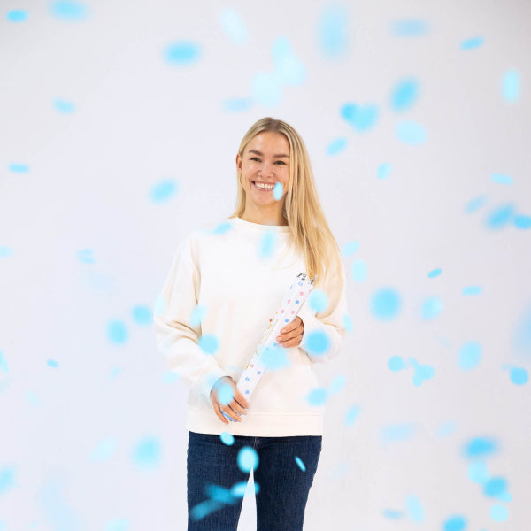 Cannon à confettis bleu clair 40 cm pour la révélation du sexe de l'enfant