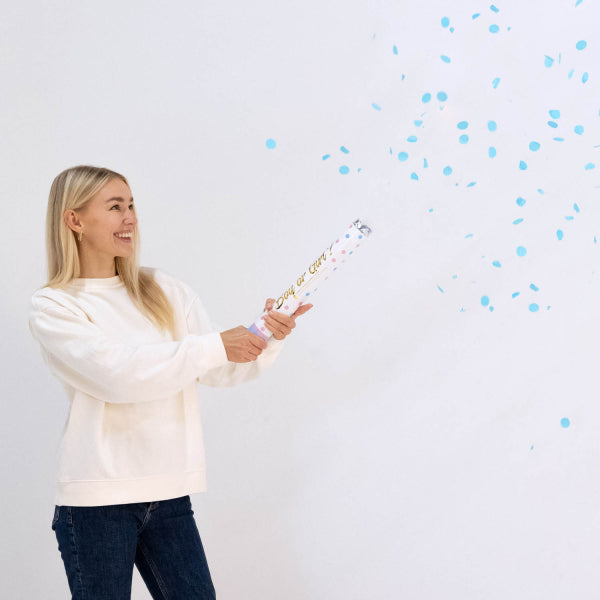 Cannon à confettis bleu clair 40 cm pour la révélation du sexe de l'enfant