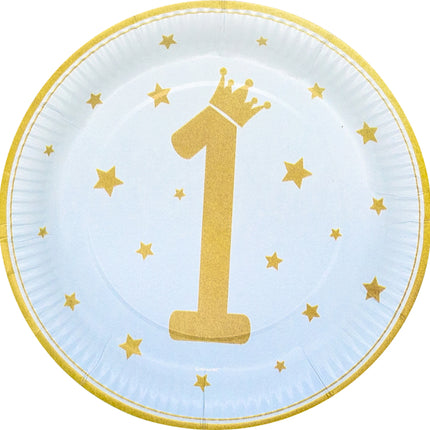 Assiettes bleues 1 an étoiles dorées 23cm 8pcs