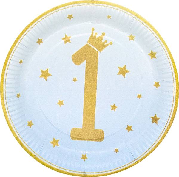 Assiettes bleues 1 an étoiles dorées 23cm 8pcs