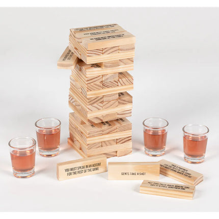 Kit de jeu à boire « Drinking Tower » (4 verres à shot, 54 blocs en bois)