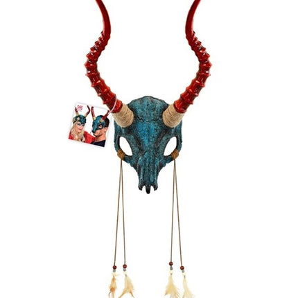 MASQUE DE CHAMAN : CRÂNE DE TAUREAU AVEC DES CORNES ET DES PLUMES