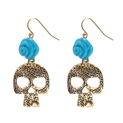 Boucles d'oreilles Halloween Crânes bleus avec rose