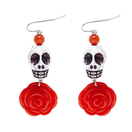 Boucles d'oreilles Halloween Crânes rouges et blancs avec rose
