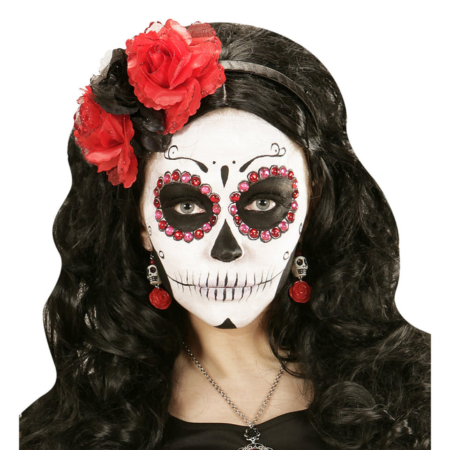Boucles d'oreilles Halloween Crânes rouges et blancs avec rose