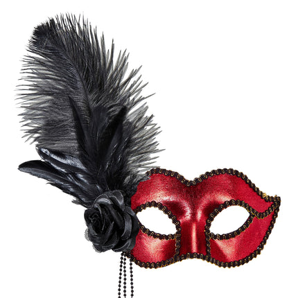 Masque noir rouge pour les yeux avec des plumes