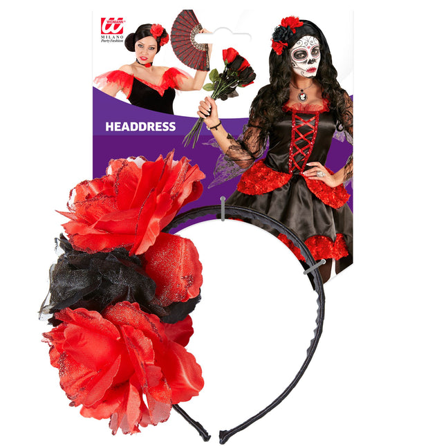 Bandeau Dia De Los Muertos Rouge Noir Fleurs
