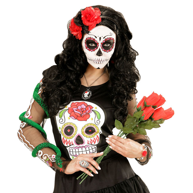 Bandeau Dia De Los Muertos Rouge Noir Fleurs