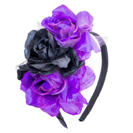 Bandeau Dia De Los Muertos Noir Fleurs Mauves