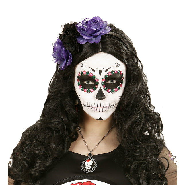 Bandeau Dia De Los Muertos Noir Fleurs Mauves