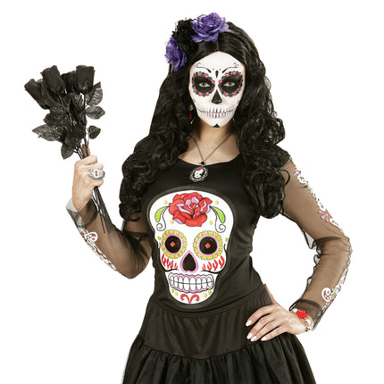 Bandeau Dia De Los Muertos Noir Fleurs Mauves