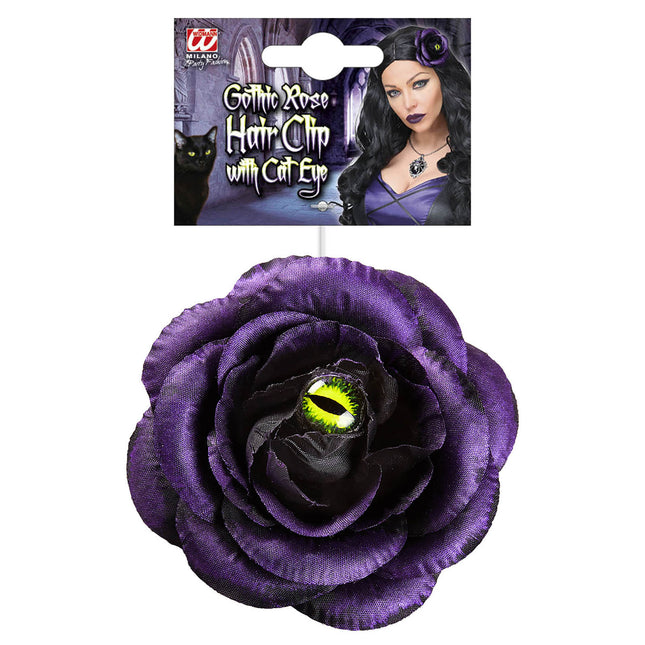 Barrette d'Halloween Rose violette avec œil de chat