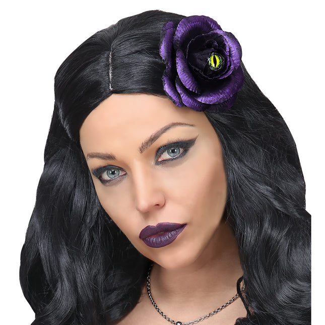 Barrette d'Halloween Rose violette avec œil de chat
