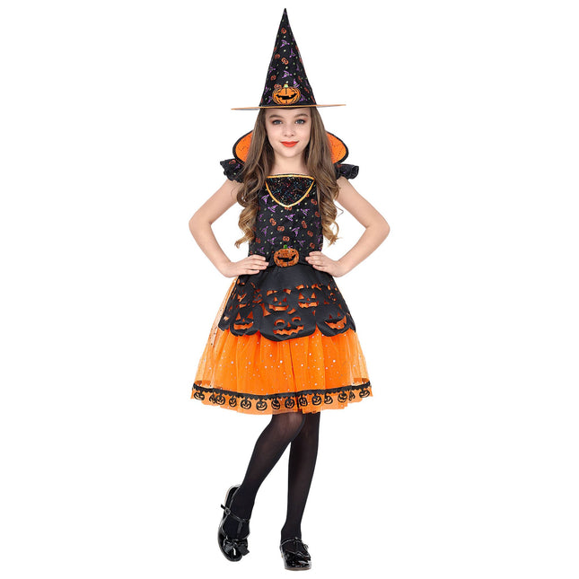 Costume d'halloween sorcière fille orange noire
