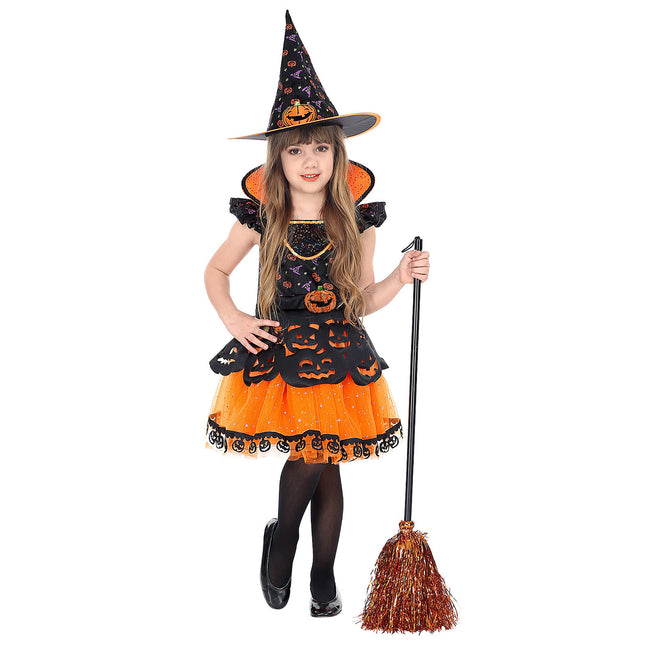 Costume d'halloween sorcière fille orange noire