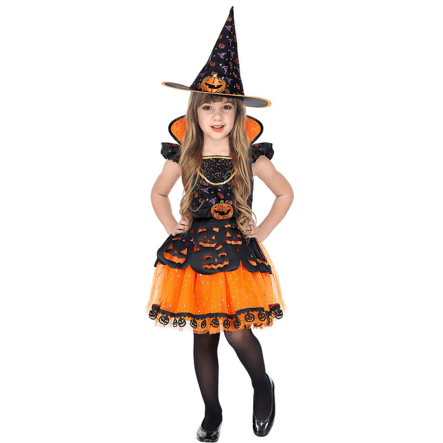 Costume d'halloween sorcière fille orange noire