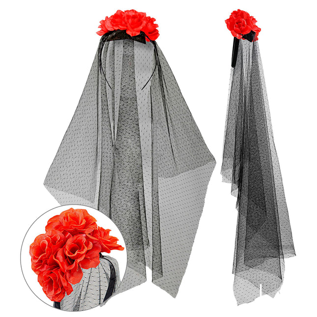 Dia De Los Muertos Hairband Veil With Roses (bandeau à cheveux avec des roses)