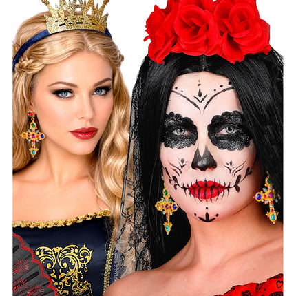 Boucles d'oreilles d'Halloween en forme de croix avec des pierres précieuses
