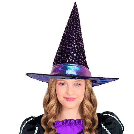Chapeau de sorcière d'Halloween pour enfant avec des étoiles et une lune